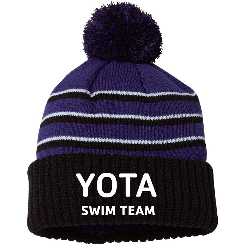 YOTA Striped Pom Cuffed Beanie-Purple/Black/White